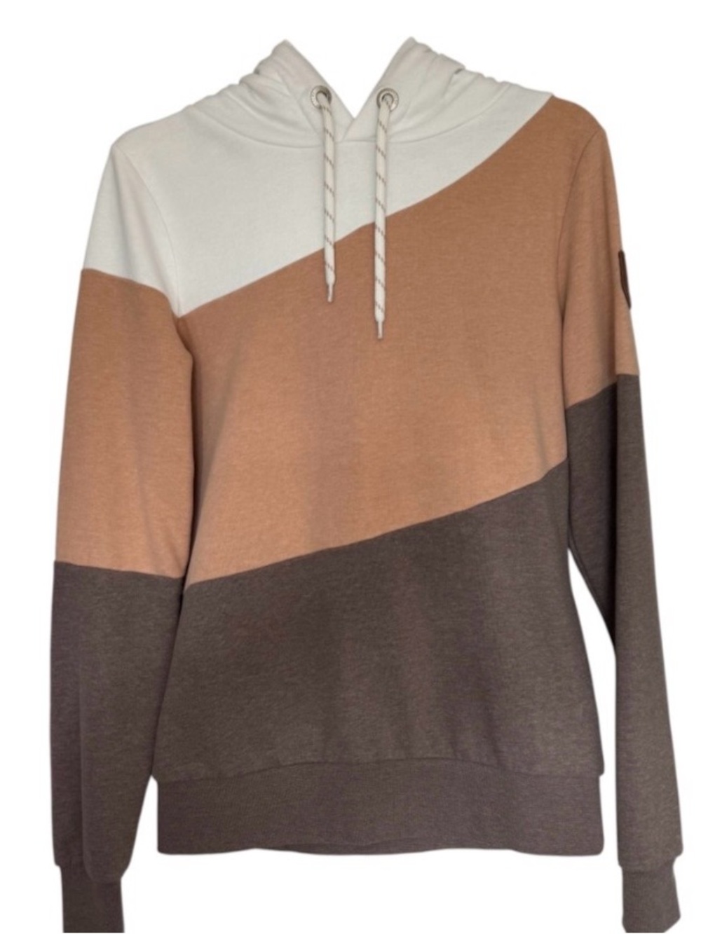 Wanakome Diagonal Colorblock Hoodie in White, Tan & Brown